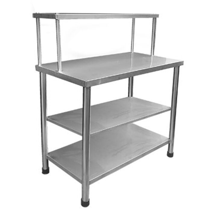 MESA DE TRABAJO DE ACERO INOXIDABLE  2 REPISA + 2 AÉREOS