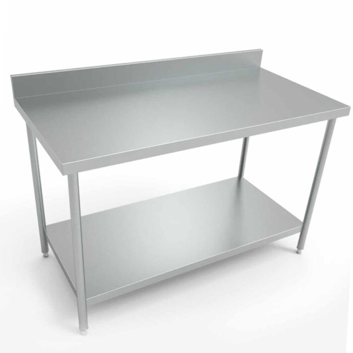 MESA DE TRABAJO DE ACERO INOXIDABLE ANGOSTA CON RESPALDO Y 1 REPISA INFERIOR