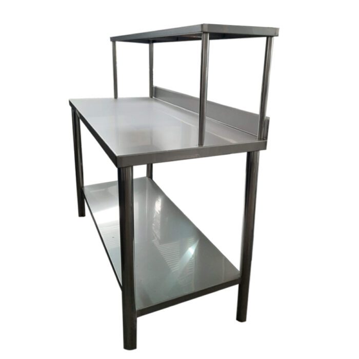 MESA DE TRABAJO PLANA DE ACERO INOXIDABLE CON RESPALDO Y 1 AÉREO