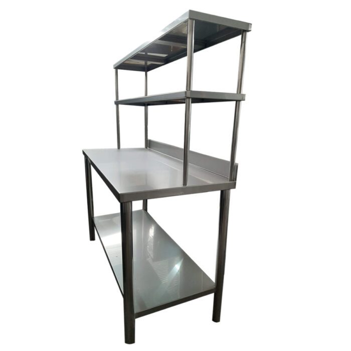 MESA DE TRABAJO PLANA DE ACERO INOXIDABLE CON RESPALDO Y 2 AÉREOS