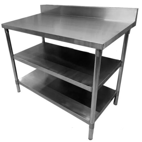 MESA DE TRABAJO PLANA DE ACERO INOXIDABLE CON RESPALDO Y 2 REPISAS INFERIORES