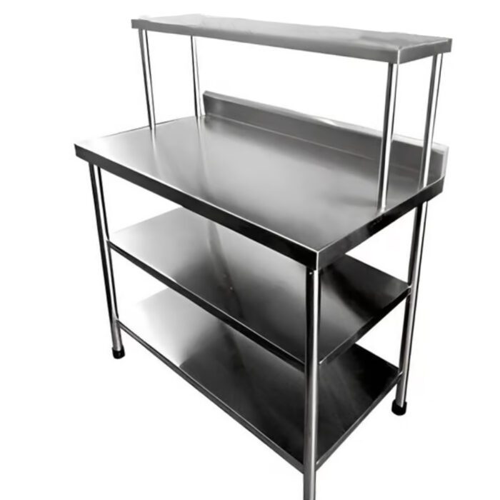 MESA DE TRABAJO PLANA DE ACERO INOXIDABLE CON RESPALDO Y 2 REPISAS INFERIORES + 1 AÉREO