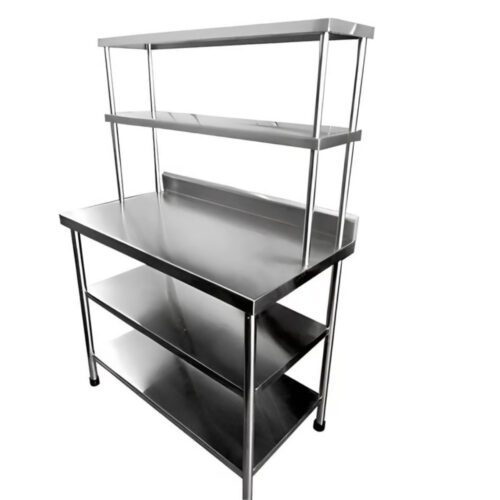 MESA DE TRABAJO PLANA DE ACERO INOXIDABLE CON RESPALDO Y 2 REPISAS INFERIORES + 2 AÉREO